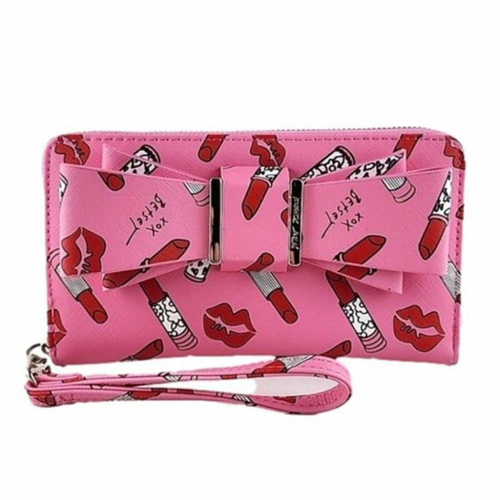 Betsey Johnson Clutch Wallet Zip Around Barbie Pink Lipstick Bow Faux Leather